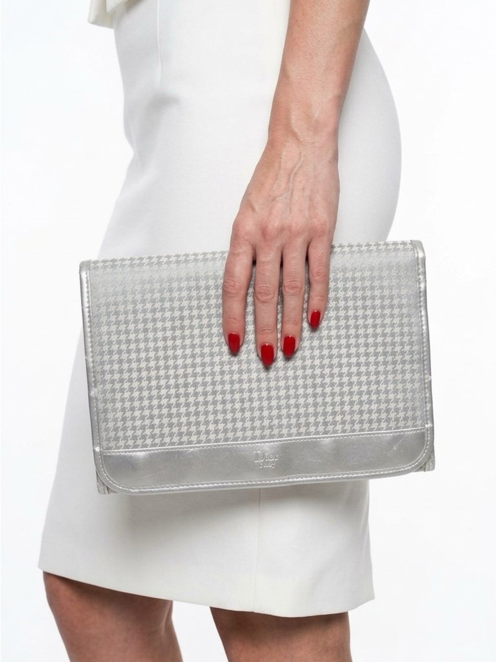 CHRISTIAN DIOR HOUNDSTOOTH TRAVEL COSMETIC BAG CLUTCH SILVER WOMENS